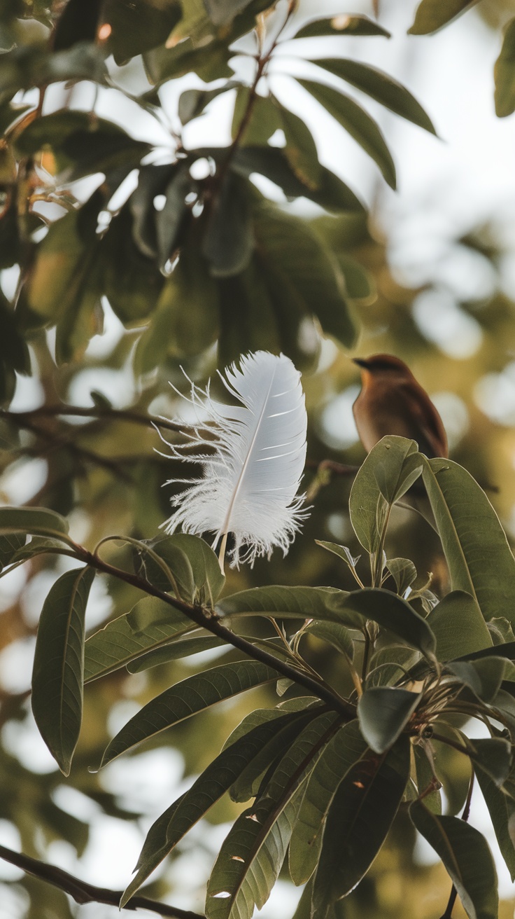 A delicate white feather resting among green leaves, symbolizing peace and divine love.
