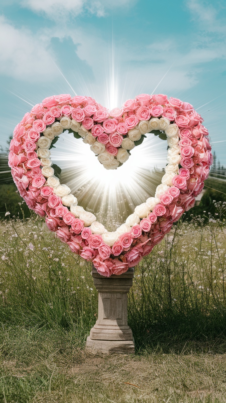 Heart-shaped arrangement of pink and white roses with radiant light.