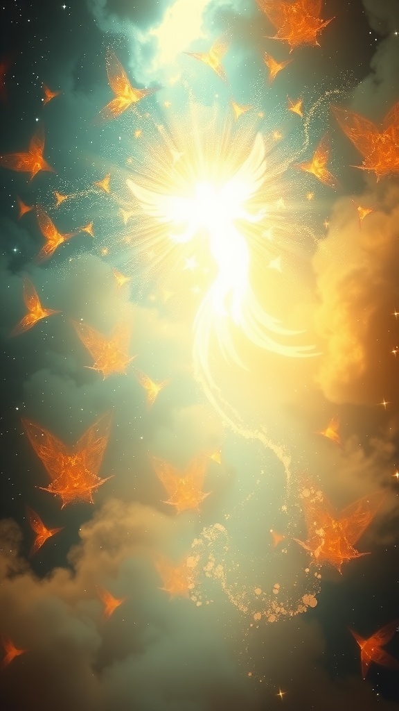An ethereal figure illuminated by light, surrounded by glowing butterflies, symbolizing angelic support and transformation.
