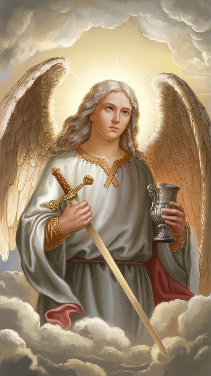 An artistic depiction of Archangel Chamuel with a sword and a cup, surrounded by clouds and light, symbolizing love and peace.