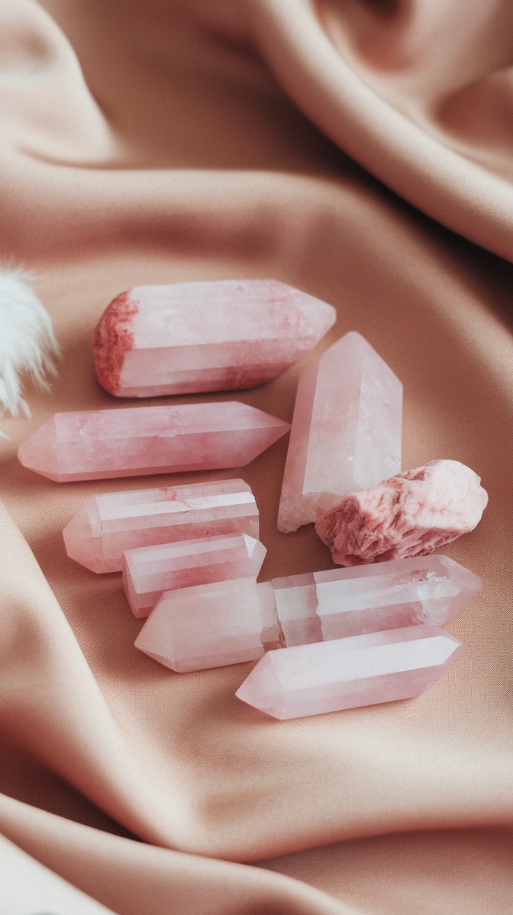 An assortment of rose quartz crystals on a smooth, pink fabric.