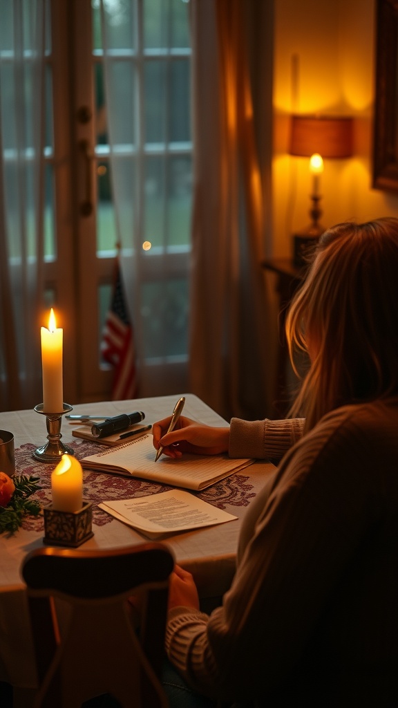 A person writing a letter at a cozy table illuminated by candlelight, creating a warm atmosphere for connecting with angels.