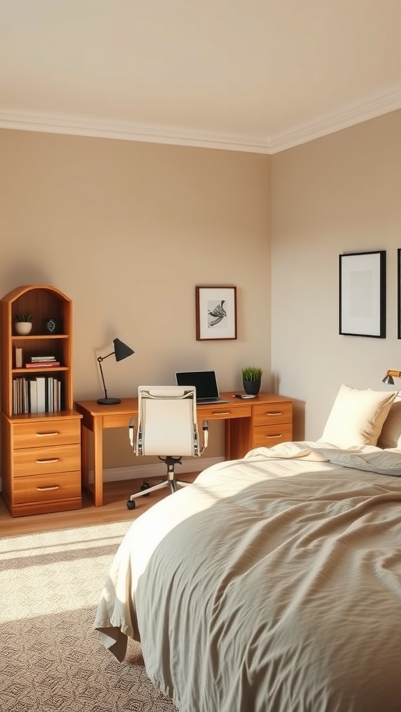 A cozy bedroom with a work corner featuring a desk, chair, and potted plants.