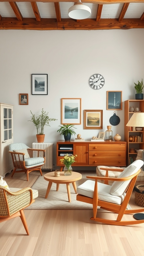 Cozy Scandinavian living room with vintage furniture and decor