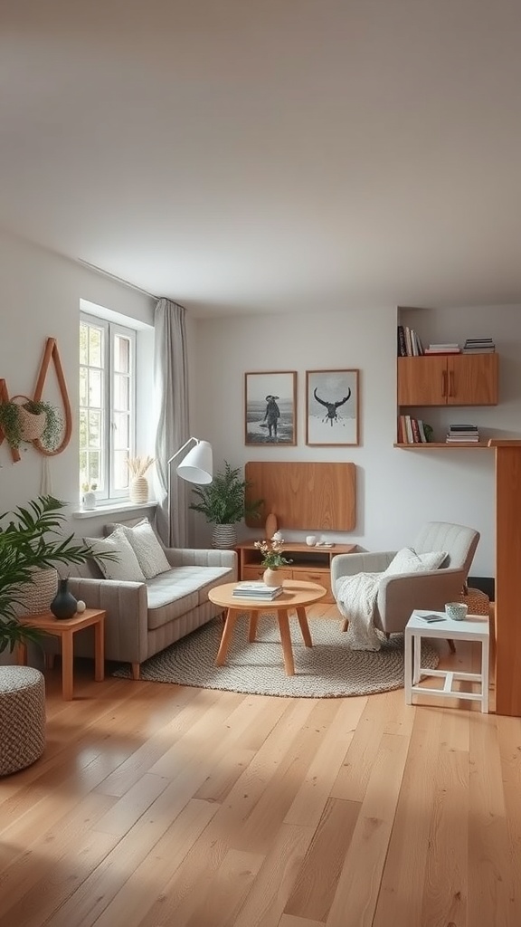 A cozy Scandinavian living room with wooden accents, featuring a gray sofa, round coffee table, and plants.
