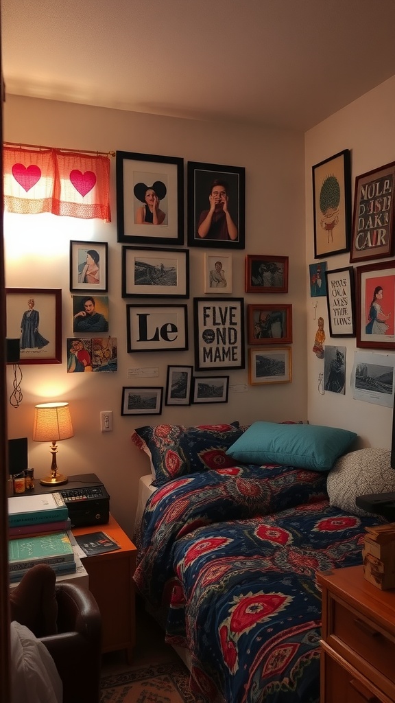 A small bedroom with a variety of framed artworks on the wall, colorful bedding, and a warm lamp.