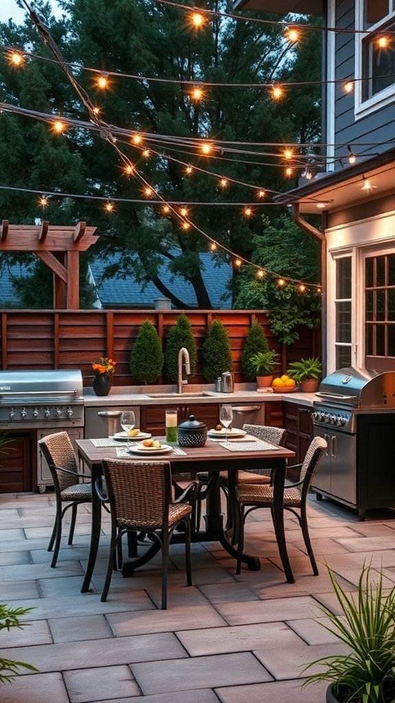 Outdoor kitchen with dining area, string lights, and greenery.