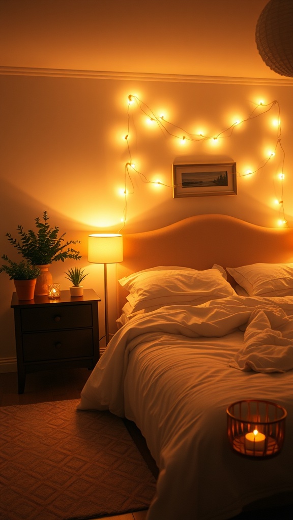 Cozy bedroom with ambient lighting, including string lights, a bedside lamp, and a candle.