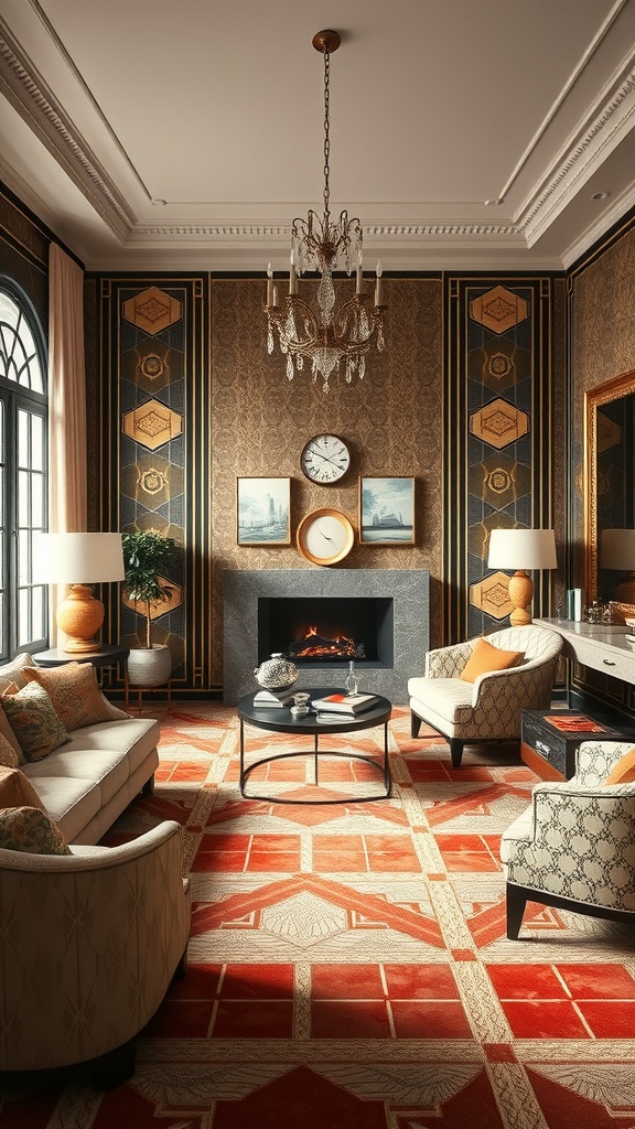 A luxurious Art Deco living room featuring elegant furniture, intricate wallpaper, and a stylish chandelier.
