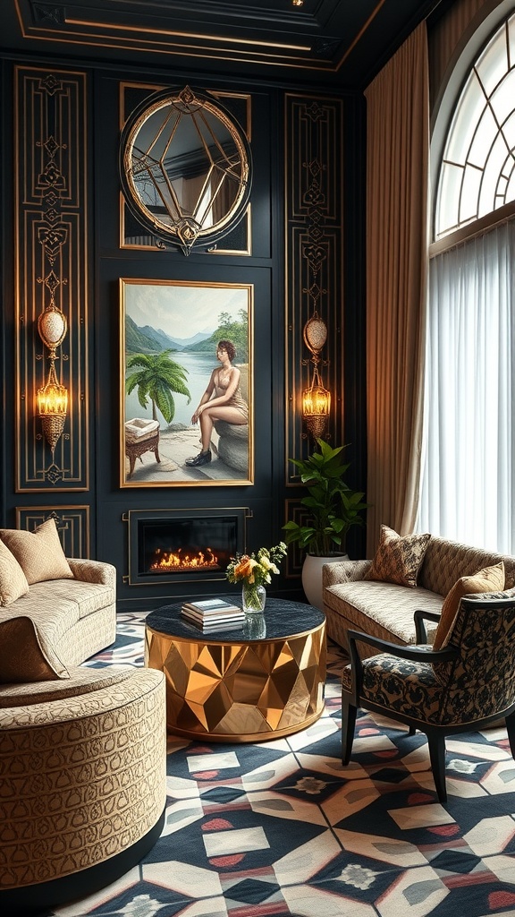 Luxurious Art Deco living room with geometric patterns, featuring dark walls, golden accents, and elegant furniture.
