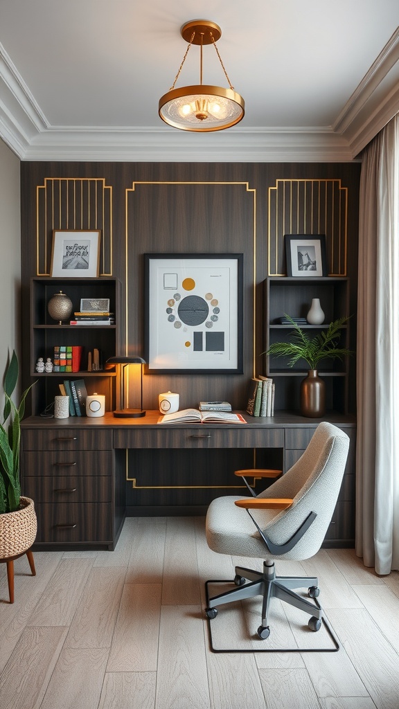 Art Deco inspired home office featuring a dark wood desk with gold accents, modern light fixture, and stylish chair.