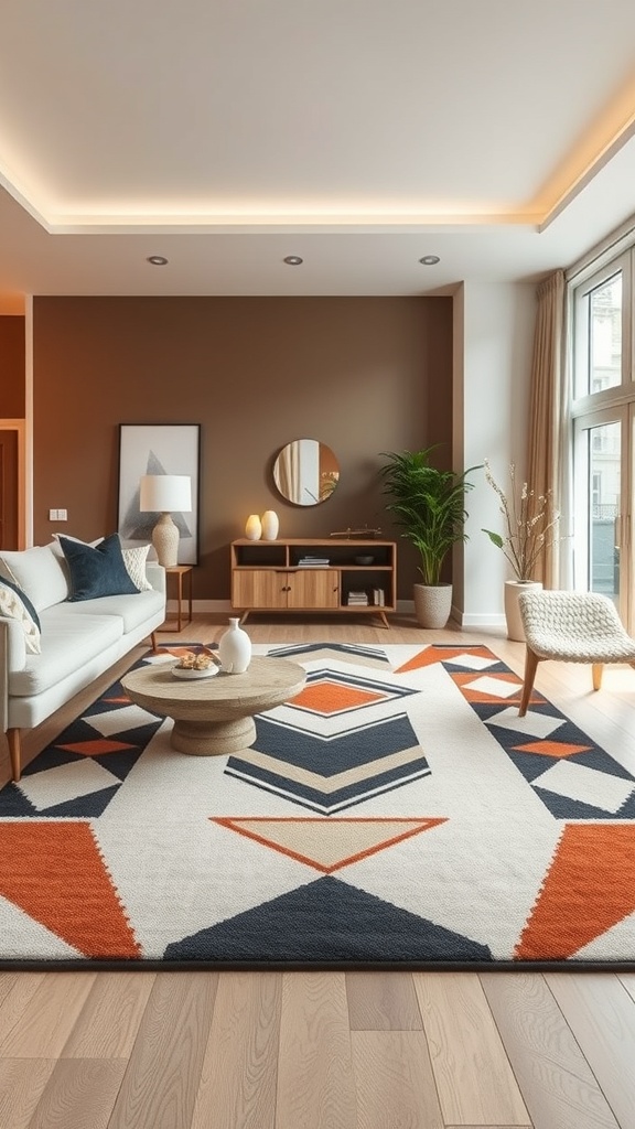 A stylish living room featuring an Art Deco inspired rug with geometric patterns in navy, orange, and cream.