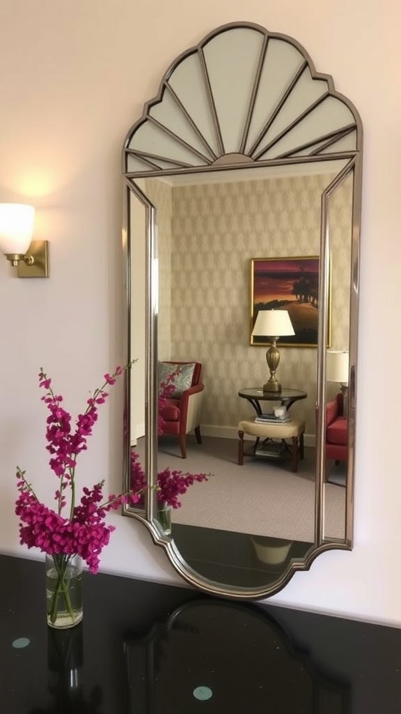 An Art Deco style mirror with a sunburst design, reflecting a stylish room with flowers in a vase.