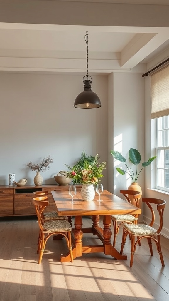 A cozy boho dining room featuring a wooden table, woven chairs, and an artisan pendant light.