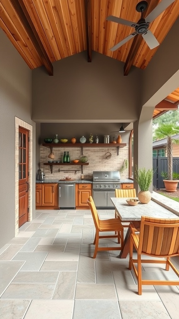 Artisan outdoor kitchen with wooden accents and modern appliances