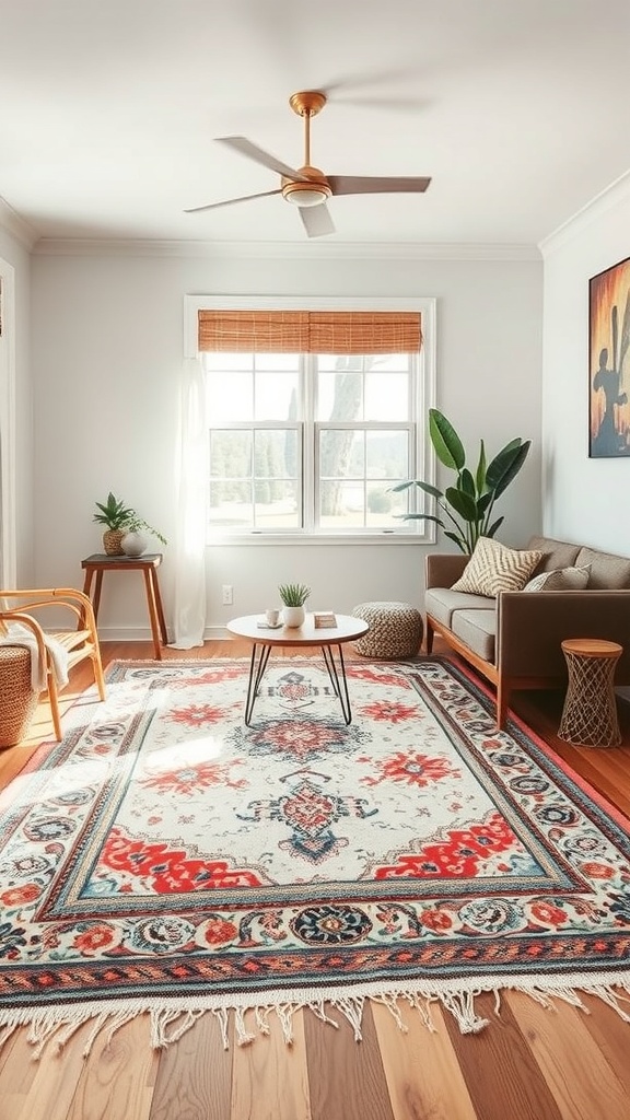 A cozy living room featuring a colorful artisan rug, a coffee table, and comfortable seating.