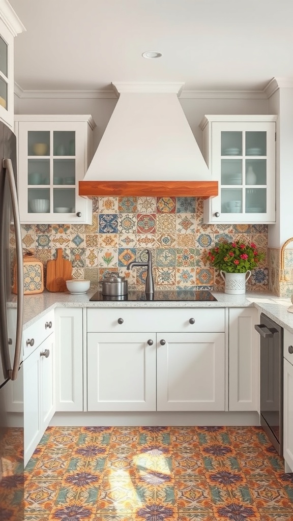 A boho kitchen featuring colorful artisan tiles on the backsplash and patterned floor tiles, with white cabinetry and a modern range hood.