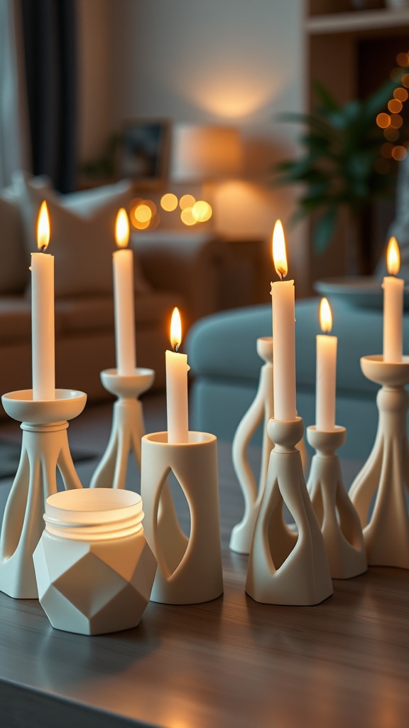 A collection of artistic 3D printed candle holders with lit candles, creating a cozy atmosphere.