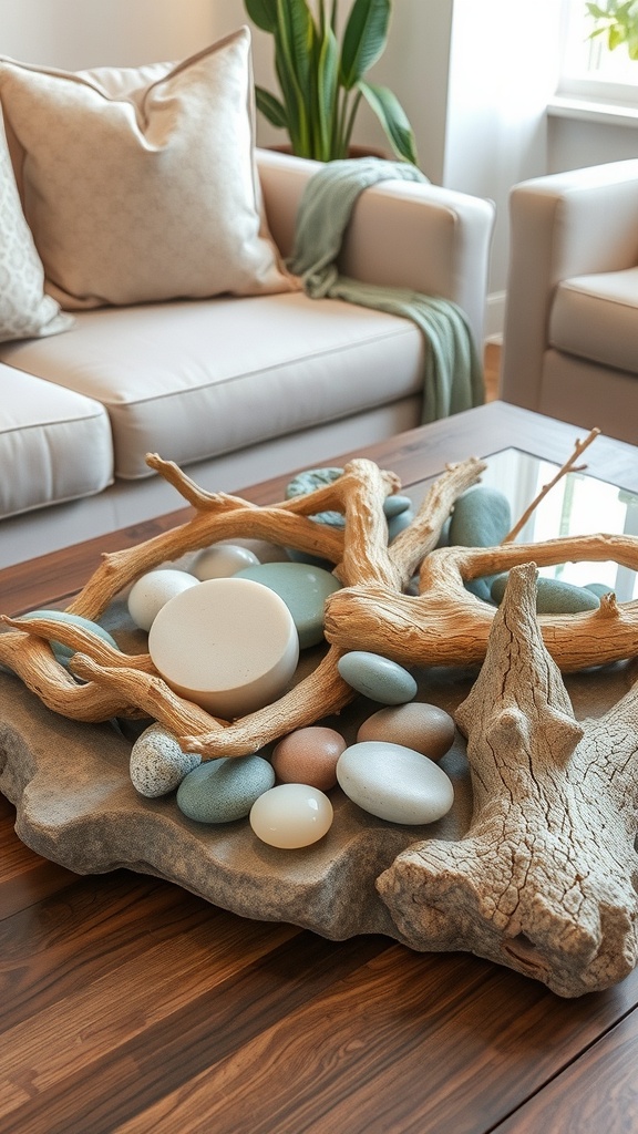 A wooden bowl filled with smooth stones and driftwood, showcasing a natural decorative display.