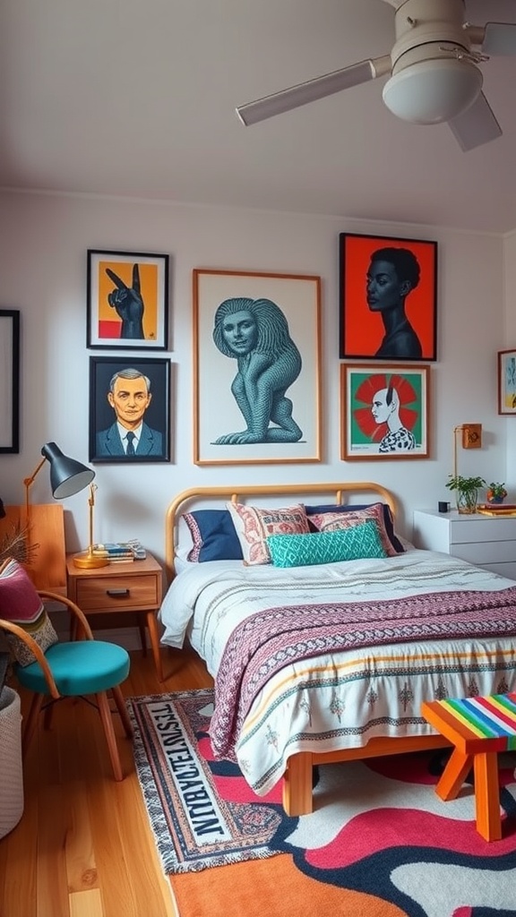A colorful bedroom featuring various framed artworks on the walls, a cozy bed with patterned bedding, and a bright rug.