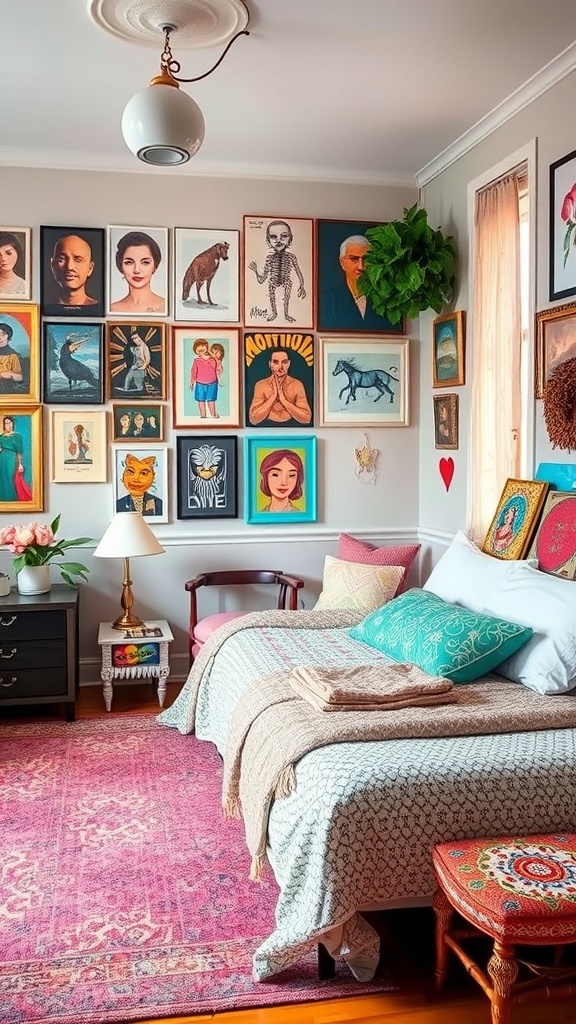 Aesthetic bedroom with a gallery wall of various art pieces, colorful pillows, and a cozy atmosphere.