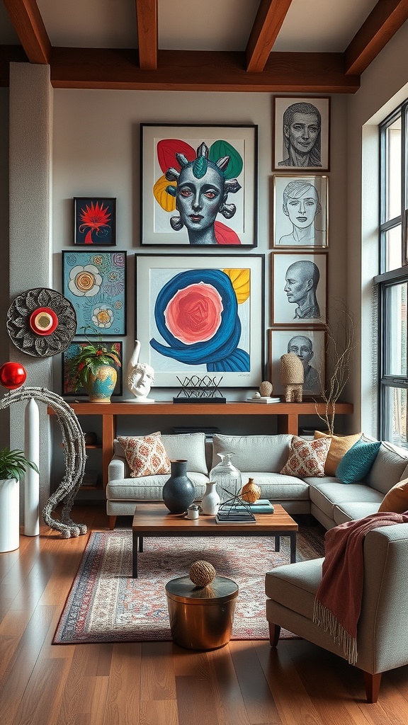 A stylish living room featuring a collection of colorful artwork and unique sculptures, with cozy furniture and a warm atmosphere.