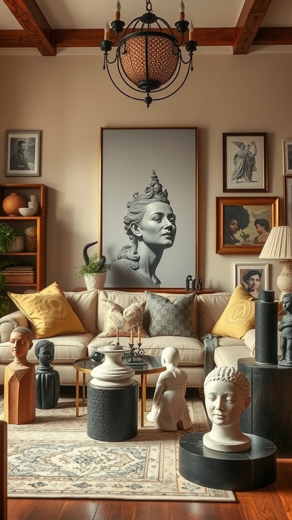 A cozy living room featuring various artistic sculptures, a large wall art piece, and comfortable seating.