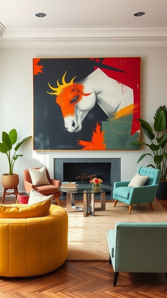 A luxury living room featuring a vibrant horse artwork, colorful furniture, and plants.