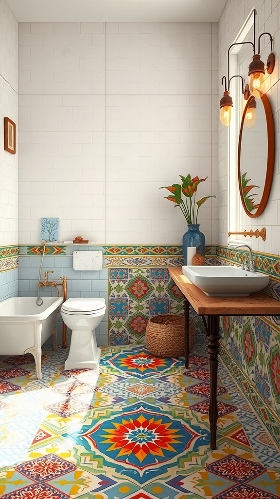 A colorful boho-inspired bathroom featuring intricate tile patterns on the floor and walls, with a bathtub, toilet, and wooden sink.