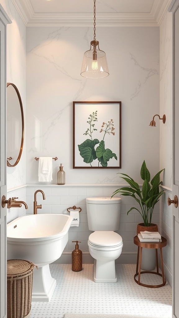 A modern luxury bathroom featuring a bathtub, toilet, and custom botanical artwork on the wall.