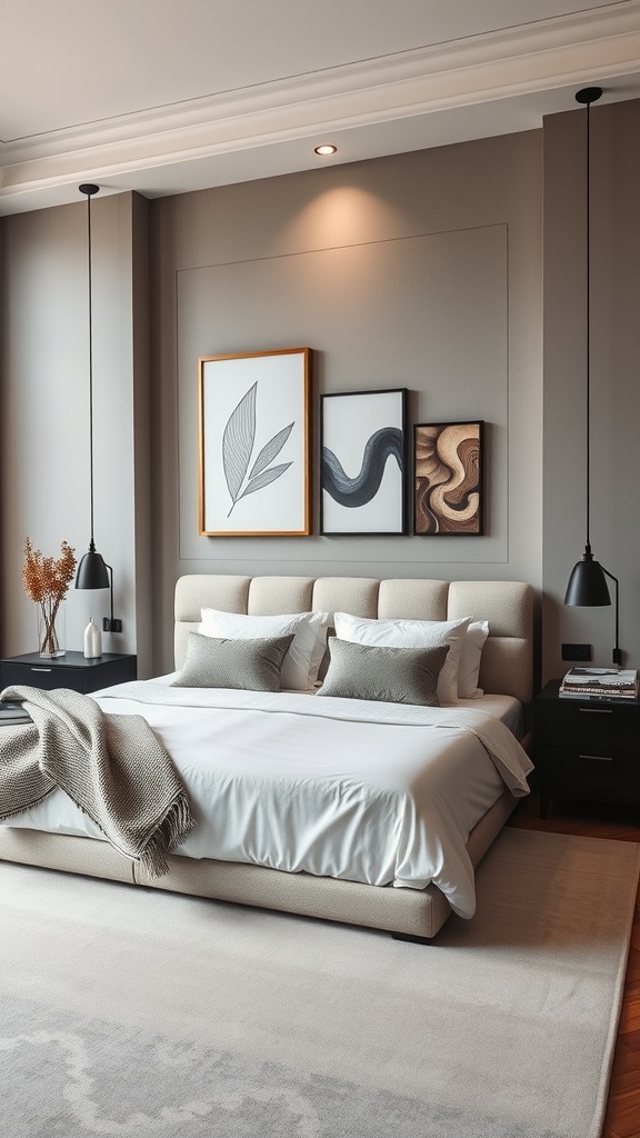 A modern luxury bedroom featuring artistic wall decor with framed prints and abstract art.