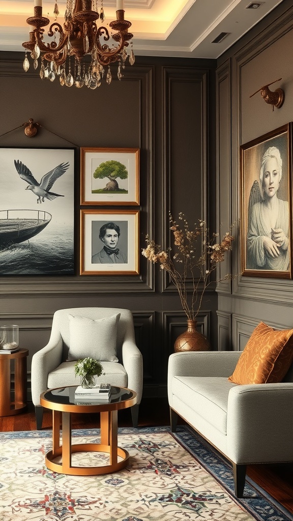 A luxurious room featuring artistic wall decor, including framed portraits and nature-themed artwork, complemented by an elegant chandelier.