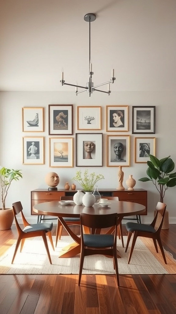 A mid-century modern dining room featuring an artistic wall display with framed artwork, a round wooden table, and stylish chairs.