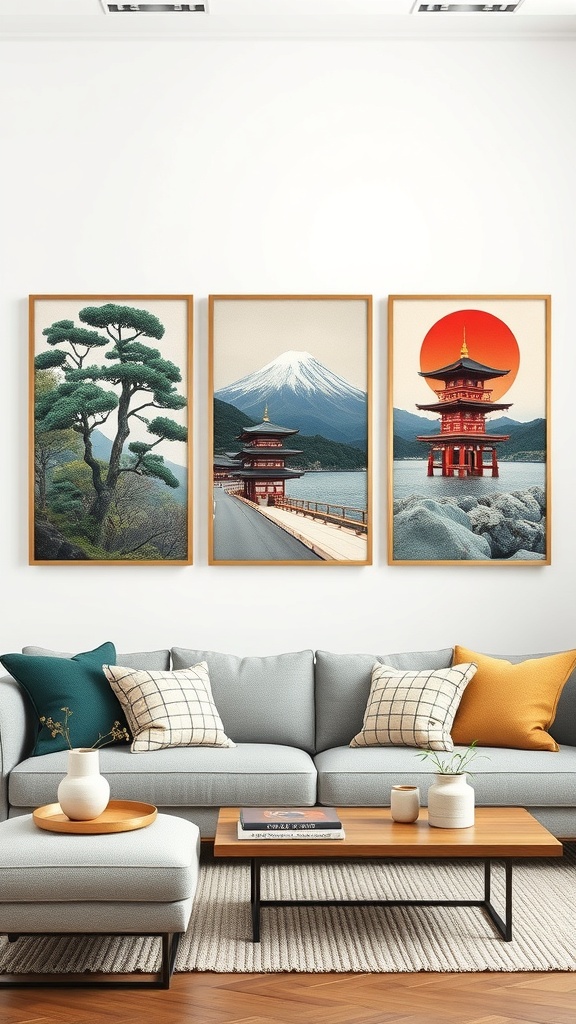 Three framed wall hangings featuring Japanese landscapes and architecture above a modern couch.
