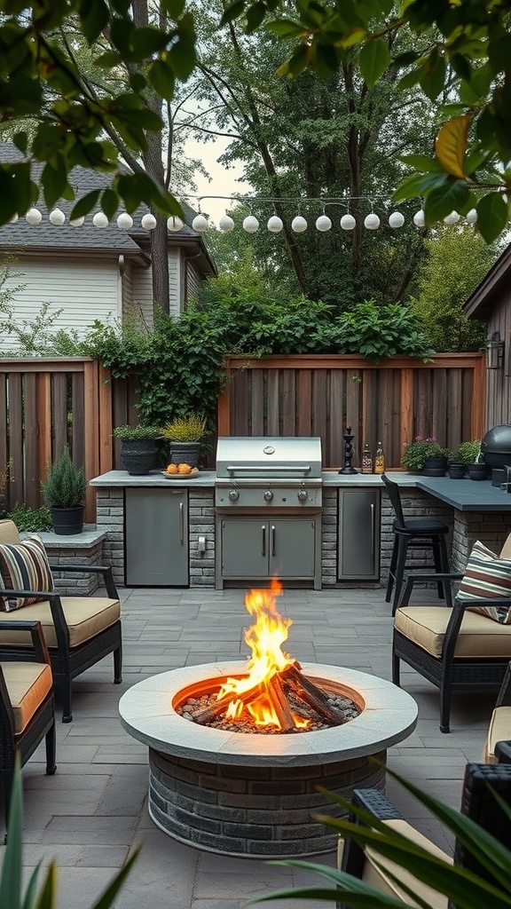 A cozy backyard with a fire pit and grill, surrounded by seating and greenery.