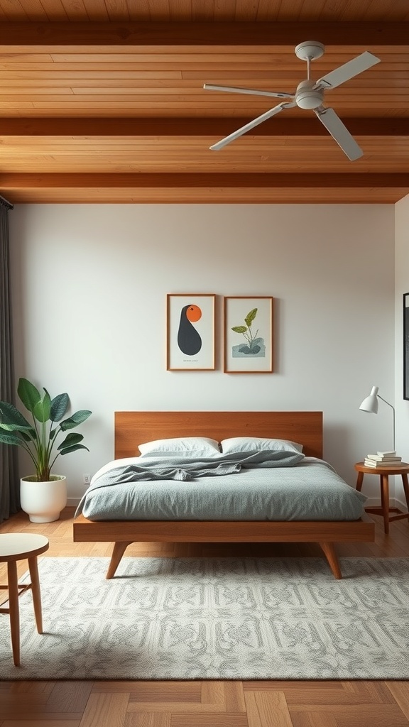A mid-century modern bedroom featuring a wooden bed, minimalist decor, and a cozy atmosphere.