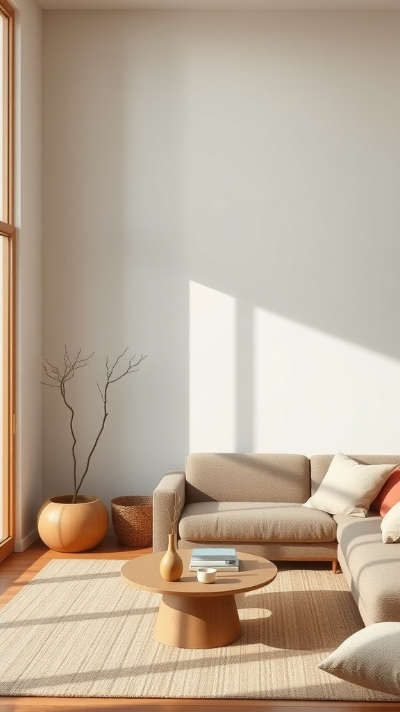 A cozy living room with a beige sofa, round coffee table, and natural light.