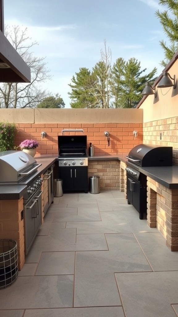 An outdoor kitchen featuring multiple grills and counter space, perfect for barbecuing.