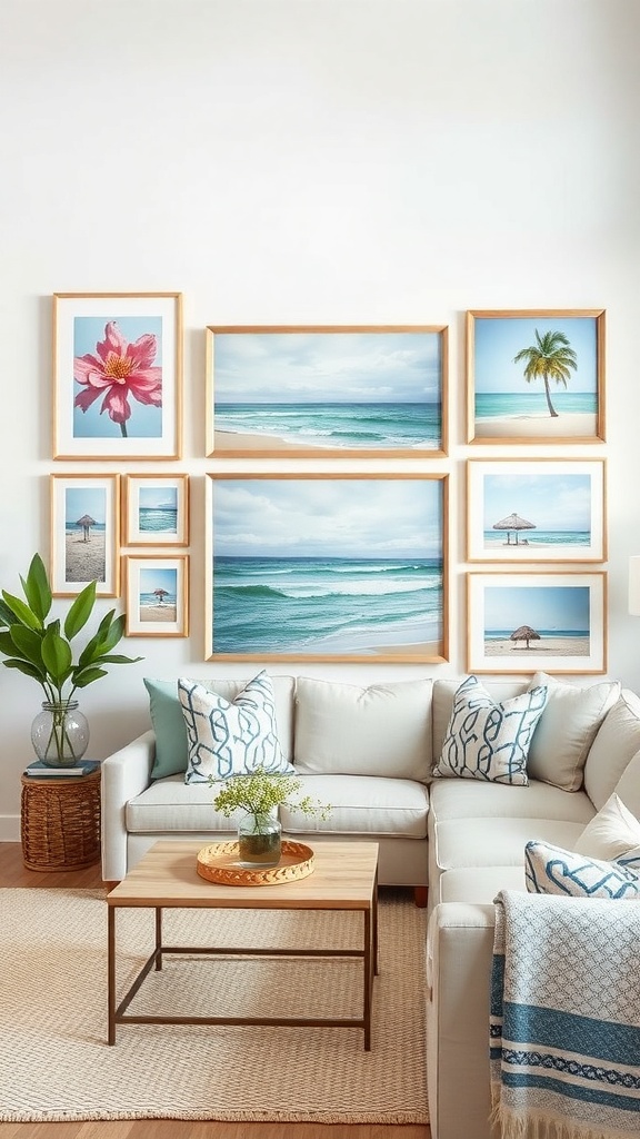A cozy living room with beach-themed wall art, featuring framed pictures of ocean scenes and tropical flowers.