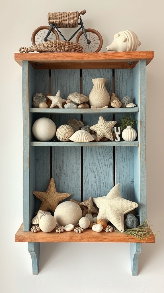 A coastal decor shelf featuring seashells, stones, and a woven bicycle basket.
