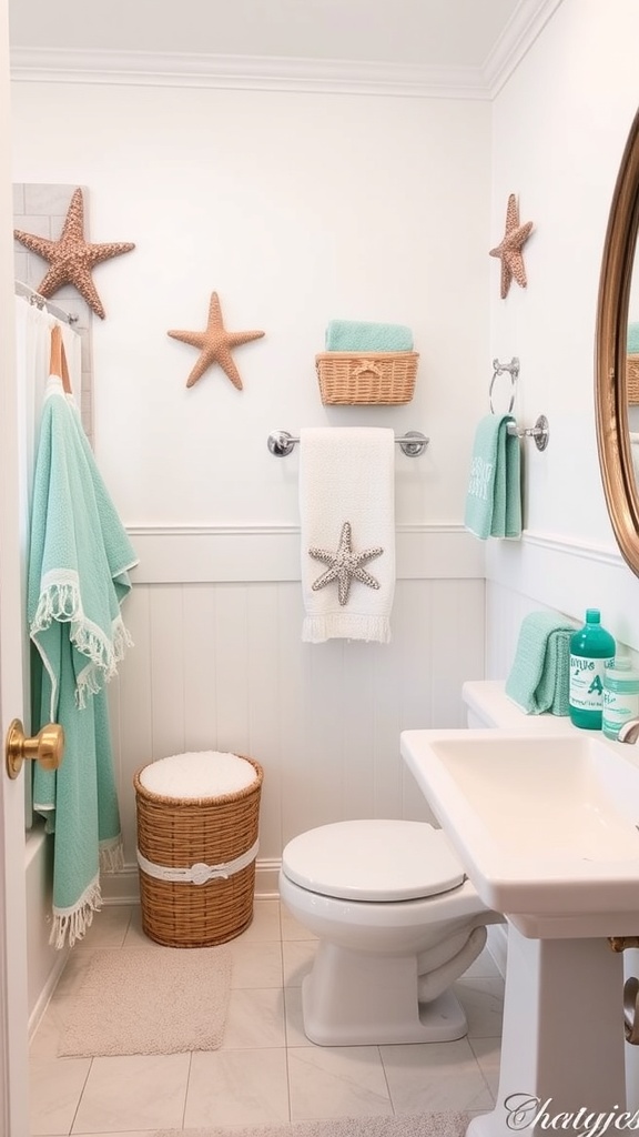 A beach-themed bathroom featuring turquoise towels, starfish decor, and woven baskets.