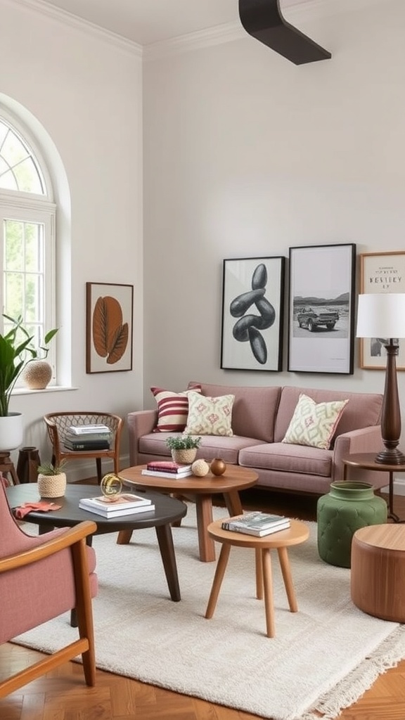 A cozy living room featuring a pink sofa, wooden tables, and boho-inspired decor.