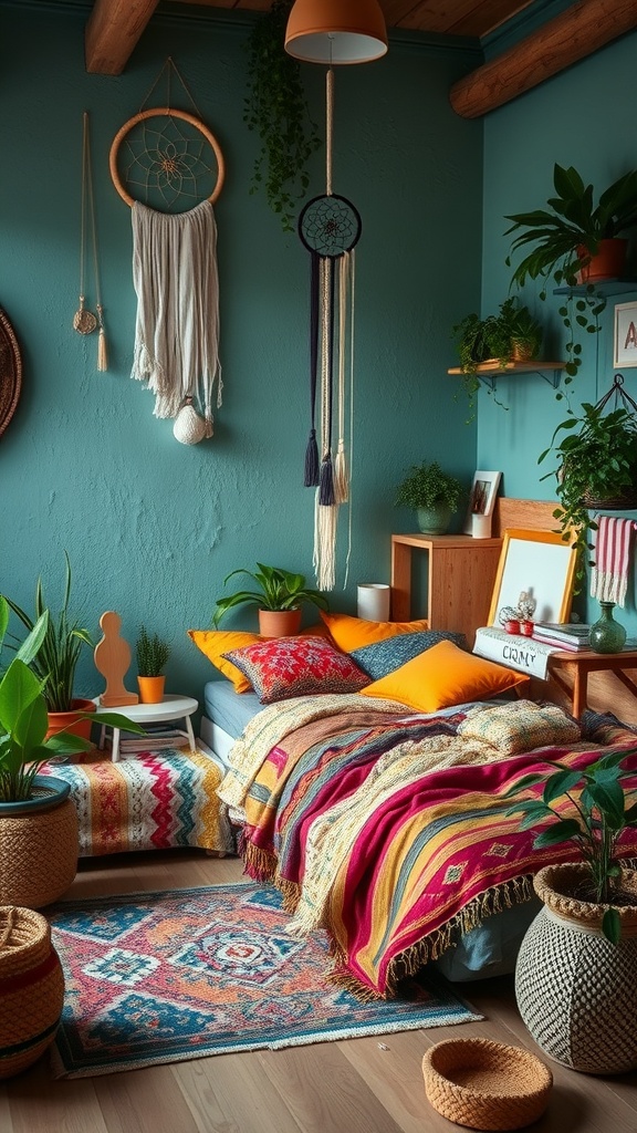A cozy bohemian chic bedroom with colorful textiles, plants, and unique decor.