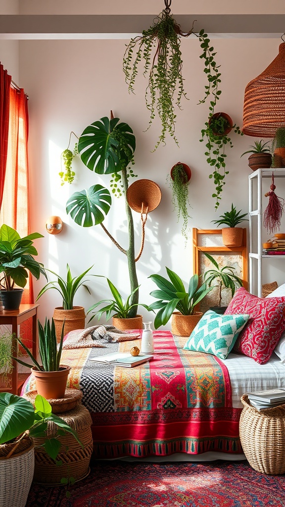 A cozy bohemian-style bedroom with colorful textiles and lush plants.