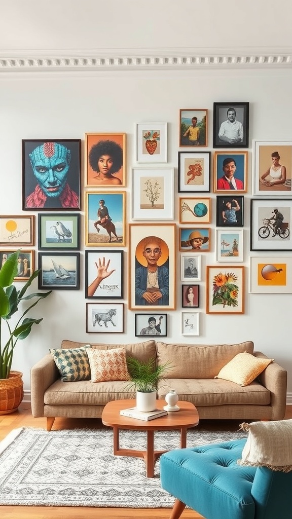 A colorful Bohemian gallery wall featuring various framed artworks and photographs above a cozy couch in a living room.