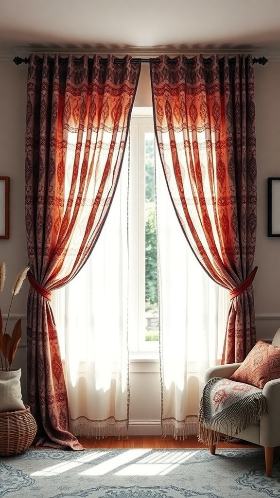 Boho chic curtains in warm tones framing a window, with a cozy chair and woven basket nearby.