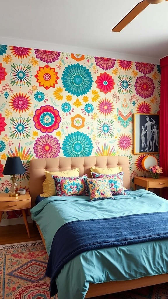 A colorful bedroom with a vibrant accent wall featuring floral patterns.
