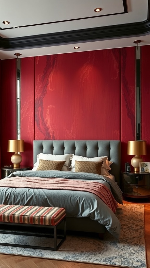 A modern luxury bedroom featuring a bold red accent wall with stylish decor.