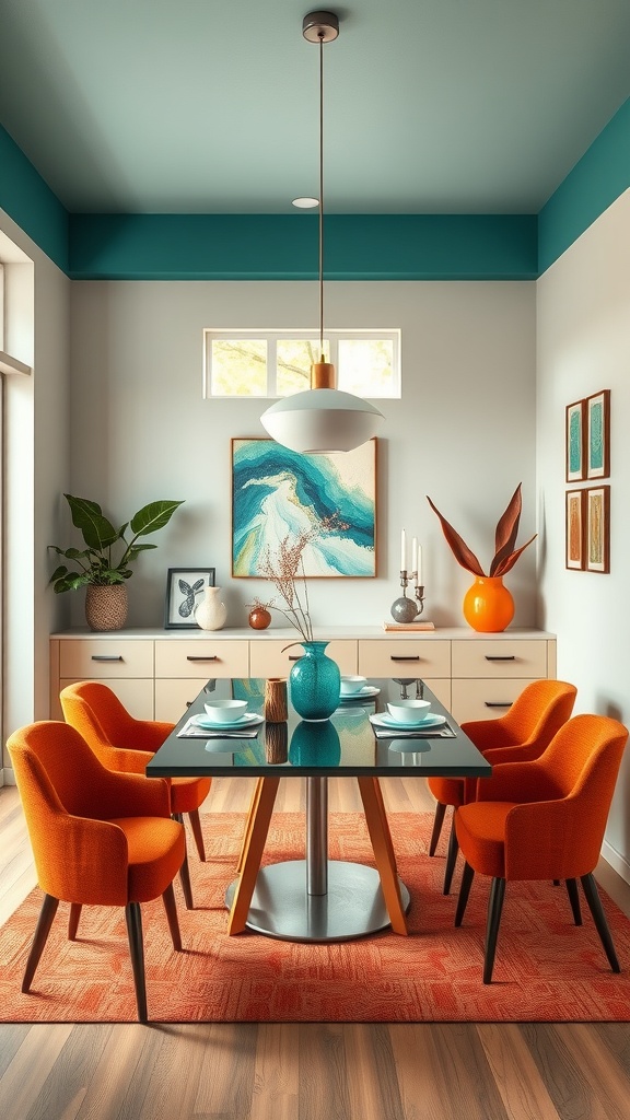 A modern dining room featuring orange chairs, a black table, and a teal ceiling.