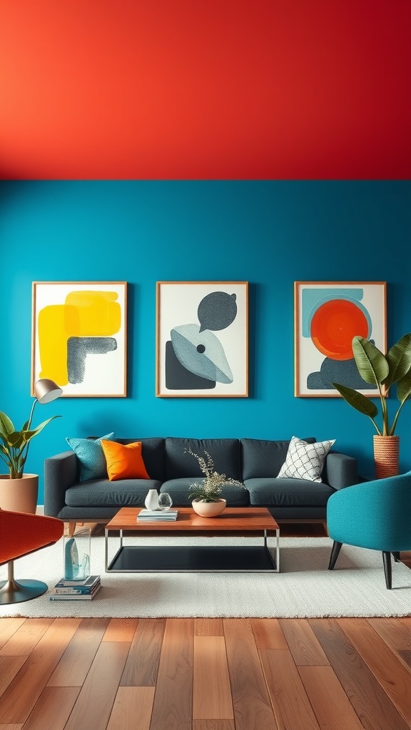 A vibrant living room featuring bold color blocking with a red ceiling and blue walls, complemented by colorful furniture and artwork.